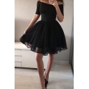 Womens Fashion Black Simple Solid Color Off Shoulder Midi Flared Dress for Party