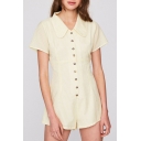 Lady Yellow Stripped Print Lapel Collar Short Sleeves Button Front Loose Fancy Romper