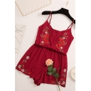 Stylish Womens Summer Boho Folk Style Straps Floral Embroidered High Waist Wide Leg Holiday Rompers