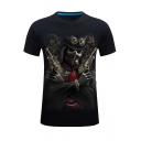 Mens Cool Skull Pirate Figure with Gun Printed Round Neck Short Sleeve Fitted T-Shirt