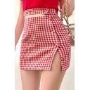 Hot Stylish Summer Red Check Cutout Button Down Slit Side Sexy Fitted Mini A-Line Skirt