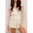 Fashion Hot Sexy Plunge V Neck Long Sleeve Sequin Embellished Gather Waist Cutout Lace Rompers