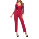 Womens Stylish Plain Sheer Mesh Patch Sleeve V Neck Sequin Embellished Fitted Jumpsuits