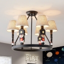 Fabric Plaid/White Shade Chandelier 6 Lights Creative Hanging Light with Soldier in Black