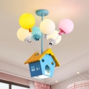 Creative Balloon Chandelier with Wood House 7 Lights Glass Multi-Color Ceiling Pendant for Child Bedroom