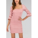 Womens Sweet Pink Simple Plain Square Neck Puff Sleeve Mini Fitted Dress