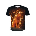 3D Fire Wolf Pattern Basic Round Neck Short Sleeve Loose Fitted T-Shirt