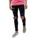 Men's Hip Hop Style Knee Cut Black Casual Ripped Skinny Jeans with Holes