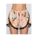 Womens Chic Floral Printed Elastic Waist Lace-Trimmed Casual Dolphin Shorts
