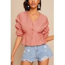 Womens Fancy Vintage Puff Sleeve V-Neck Elastic Waist Button Down Blouse Shirt