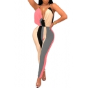 Womens Hot Sexy Halter Plunge V-Neck Colorblock Tight Waist Fit Backless Skinny Jumpsuits