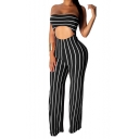 Womens Stylish Strapless Sleeveless Hollow Out Striped Print Gather Waist Wide Legs Fitted Jumpsuits