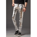 Men's New Fashion Solid Color Slim Fit Stage Performance Glossy Leather Pants Biker Pants