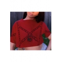 Summer Womens Unique Red Chain Pattern Round Neck Short Sleeve Casual Crop Tee