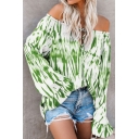Hot Fashion Womens Bell Sleeve Off Shoulder Tie Dye Oversize Blouse