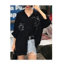 Hot Fashion Womens High Neck Face Print Long Sleeve Button Front Oversize Shirts