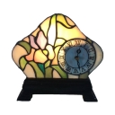 Stained Glass Flower/Victorian Night Light with Clock Bedside Table 1 Light Creative Table Lamp