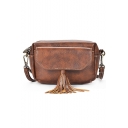 Trendy Vintage Solid Color PU Leather Pocket Tassel Embellishment Zipper Crossbody Bag 17*12*9 CM