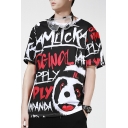 Guys Summer Stylish Panda Letter Graffiti Print Round Neck Short Sleeve Casual Tee