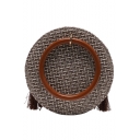 New Stylish Tassel Embellishment Ring Handle Round Straw Crossbody Sling Bag Handbag 20*7*20 CM