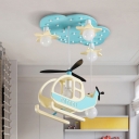 Wood Helicopter Pendant Light with Star Kindergarten Multi Bulb Lovely Hanging Light in Blue