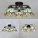 Child Bedroom Domed Semi Flushmount Light Stained Glass 3/5/7 Lights Nautical Blue Ceiling Lamp