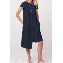 Summer Womens Basic Simple Plain Round Neck Short Sleeve Midi Linen Asymmetrical Dress