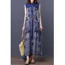 Womens Ethnic Style Tribal Printed Frog Button Stand Collar Sleeveless Blue Maxi Linen Swing Dress