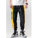 Trendy Letter Printed Colorblock Tape Patched Flap Pocket Drawstring Waist Loose Fit Casual Track Pants for Men