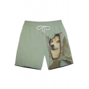 Mens Summer Cute Funny 3D Dog Printed Drawstring Waist Beach Shorts