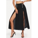 Womens Fancy Double-Breasted Front Sexy Splited Maxi Black Chiffon Skirt