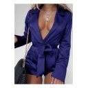 Womens Sexy Hot Fashion Notched Lapel Collar Tie-Waist Solid Color Long Sleeve Romper