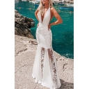 Summer Womens White Halter Plunge V Neck Lace Patch Fitted Floor Length Fishtail Dress