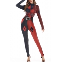 Halloween Stylish Color Block Long Sleeve High Neck Fitted Jumpsuits for Cospaly