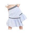 Trendy Summer Blue Stripped Print Contrast Trim High Waist Asymmetric Ruffle Hem Mini Skirt