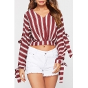 Womens Hot Fashion Red Striped V Neck Long Sleeve Bow-Tie Crop Blouse