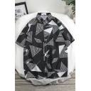 Guys Summer Hot Fashion Geometric Printed Casual Loose Button Up Shirt