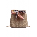 Summer Fashion Plain Silk Bow Tied Straw Crossbody Beach Bag Bucket Bag 17*16*12 CM