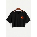 Popular Black Hole Printed Hollow V-Neck Short Sleeve Black Cropped T-Shirt