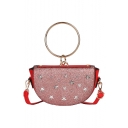 Trendy Plain Rivet Stars Embellishment Ring Handle Sequin Crossbody Saddle Bag Handbag 23*14*5 CM