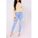 Light Blue Destroyed Ripped Stretch Fit Skinny Denim Jeans for Women