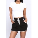 Womens Summer Stylish Contrast Trim Drawstring Waist Mini Bodycon Black Skirt