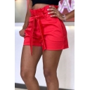 Summer Trendy Simple Plain Bow-Tied Waist Wide-Leg Casual Paperbag Shorts