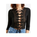 Womens Sexy Black Lace-Panel Hollow Lace-Up Front Three-Quarter Sleeve Slim Crop Tee