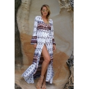 Summer Hot Fashion Tribal Printed Surplice V-Neck Long Sleeve Maxi Beach Wrap Dress
