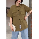 Womens Summer Cool Flap Pocket Front Short Sleeve Button Down Work Shirt