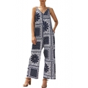 Trendy Boho Style Tribal Geometric Floral Printed Spaghetti Straps Open Back Loose Navy Wide-Leg Jumpsuits