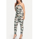 Hot Stylish Camouflage Scoop Neck Straps Sleeveless Skinny Fitted Jumpsuits For Womens