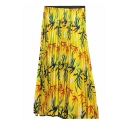 Hot Fashion Womens Yellow Floral Print Elasticated Maxi Pleated Skirt