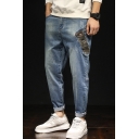 Men's New Fashion Camouflage Printed Pocket Embellish Casual Blue Ripped Jeans